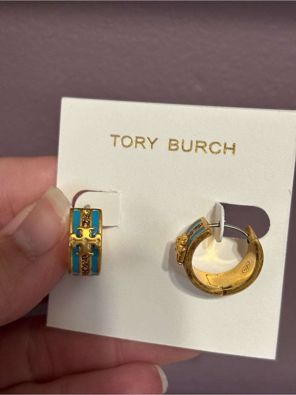 Tory Burch Gold Hoop Earrings with Turquoise Enamel - Picture 2 of 4